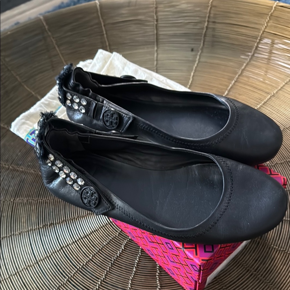 Tory Burch Black Flats with Rhinestone Embellishments